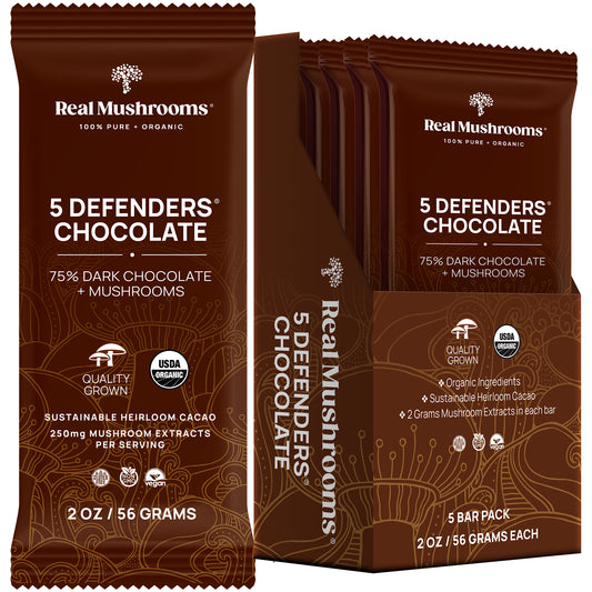 Box of Mushroom Chocolate Bar - 5 Pack by Real Mushrooms, featuring 75% dark chocolate with sustainable heirloom cacao and organic mushroom extracts, each bar weighing 2 oz, with a total pack weight of 10 oz.