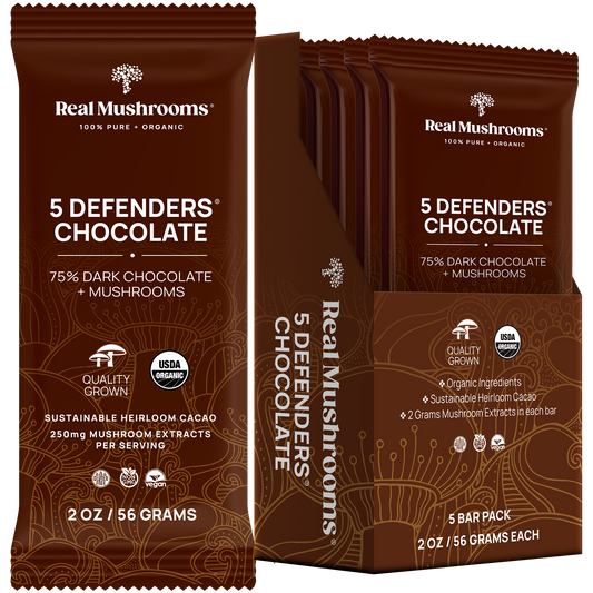 Real Mushrooms Mushroom Chocolate Bar - 5 Pack features 75% organic dark chocolate with functional mushrooms, USDA certified; each bar is 2 oz and the pack includes 5 bars.