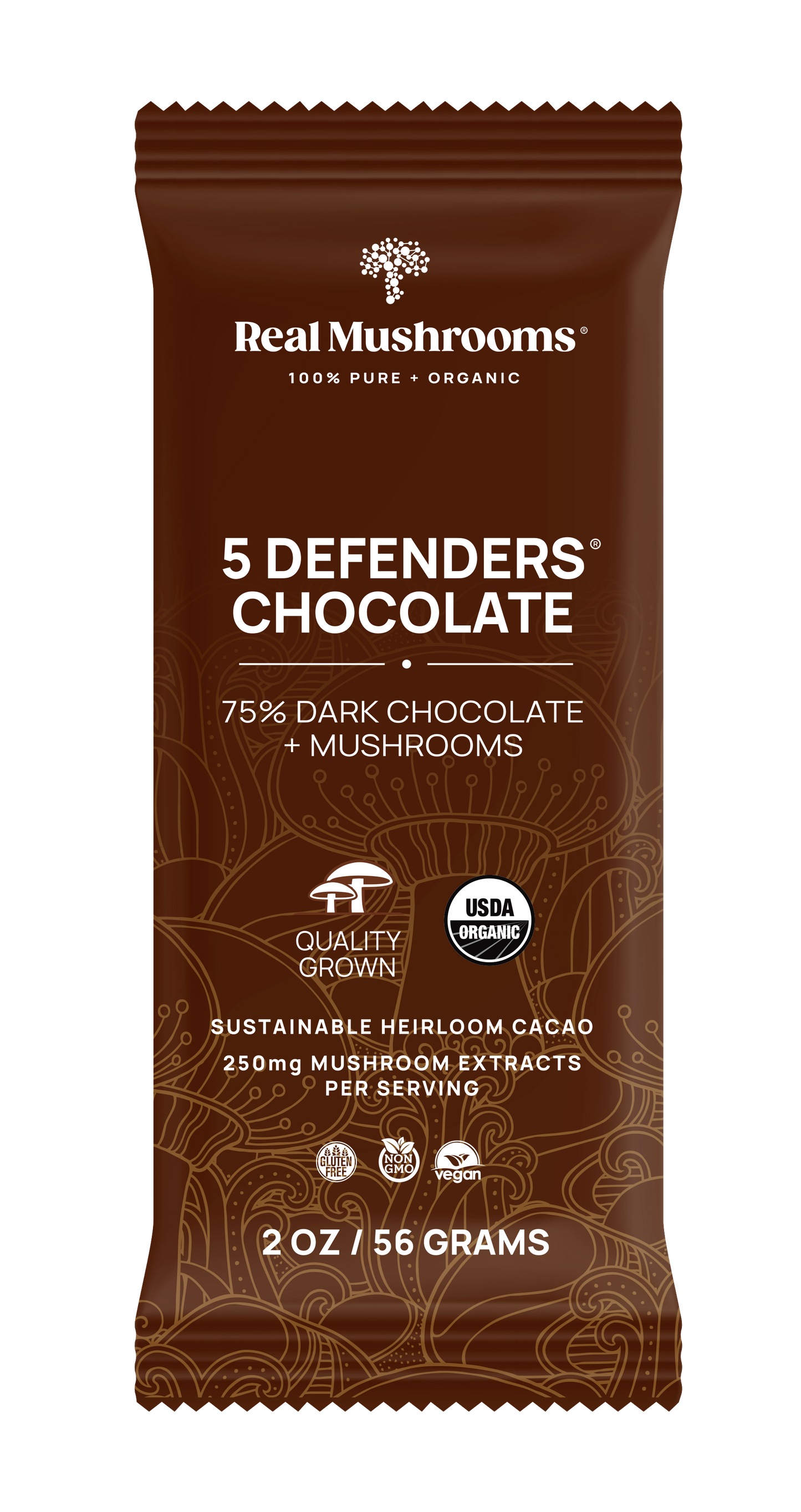 Introducing the Mushroom Chocolate Bar - 5 Pack from Real Mushrooms, a luxurious 2 oz (56 grams) blend of 75% dark chocolate infused with organic mushroom extract. This vegan treat is USDA certified and provides a deliciously mindful indulgence.