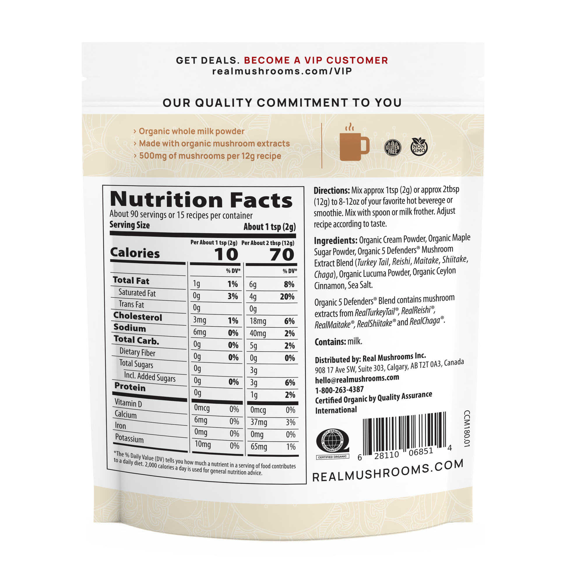 Back view of a Real Mushrooms Functional Dairy Creamer Powder package displaying nutrition facts, gluten-free ingredients, preparation directions, and company details on a white background.