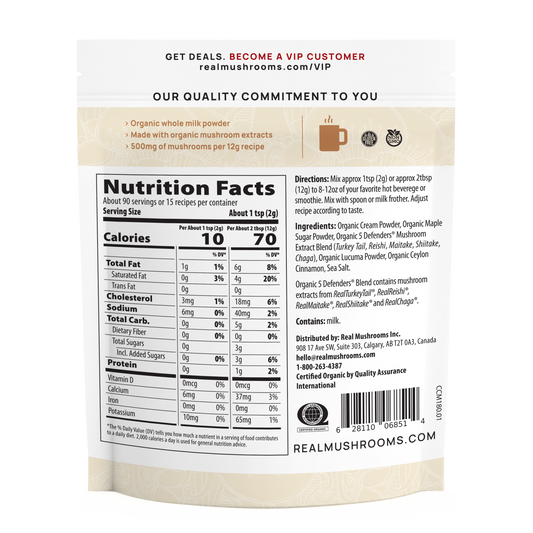 Back view of a Real Mushrooms Functional Dairy Creamer Powder package displaying nutrition facts, gluten-free ingredients, preparation directions, and company details on a white background.