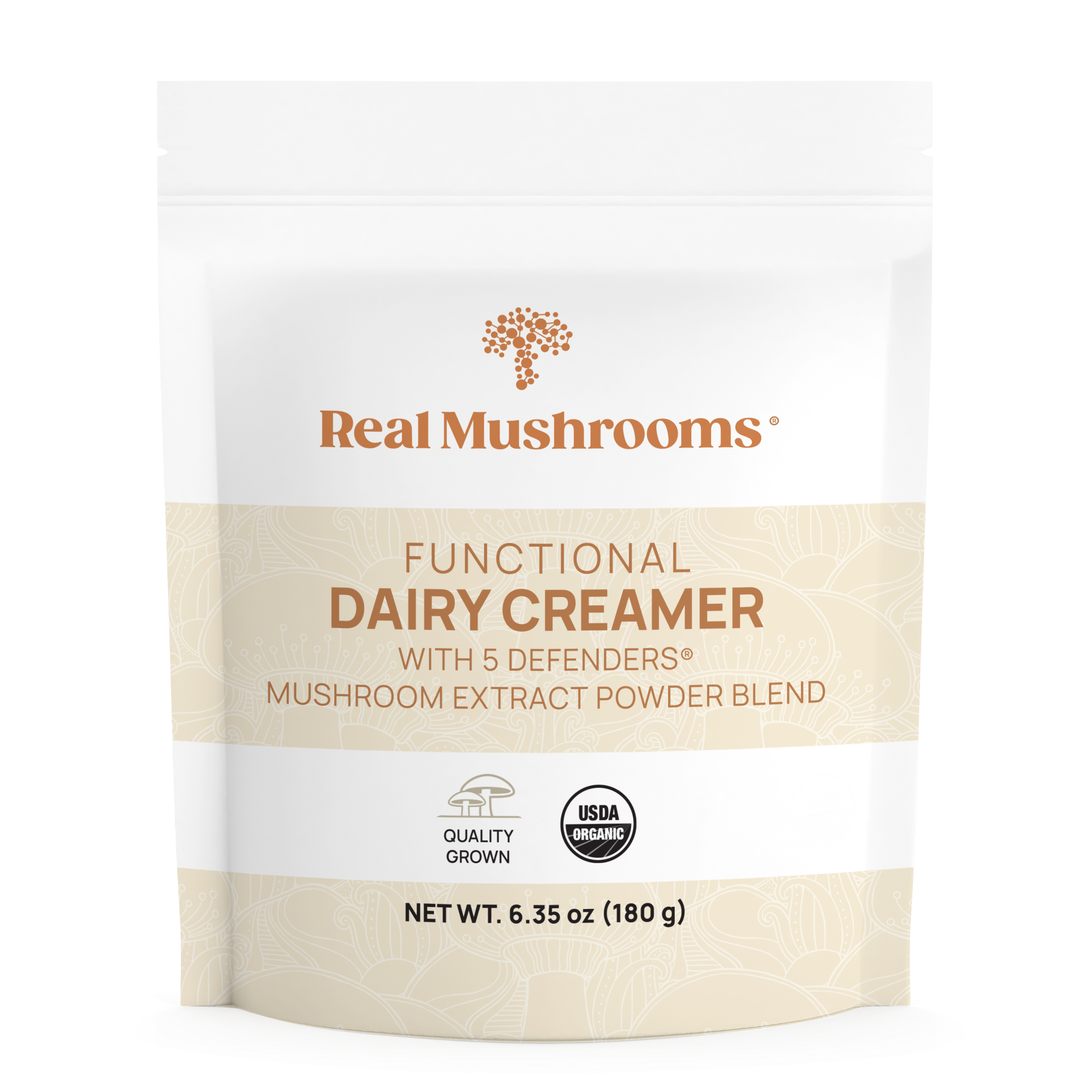 A white pouch labeled "Real Mushrooms Functional Dairy Creamer Powder" features an organic mushroom extract blend. It is gluten-free, USDA Organic, Quality Grown certified, with a net weight of 180g.
