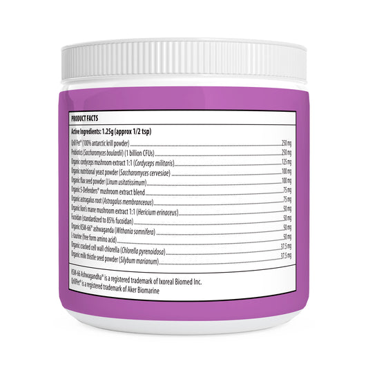 The Functional Feline Powder for Cats by Real Mushrooms comes in a purple and white container with a label highlighting active ingredients like Beta-glucans for whole-body health.