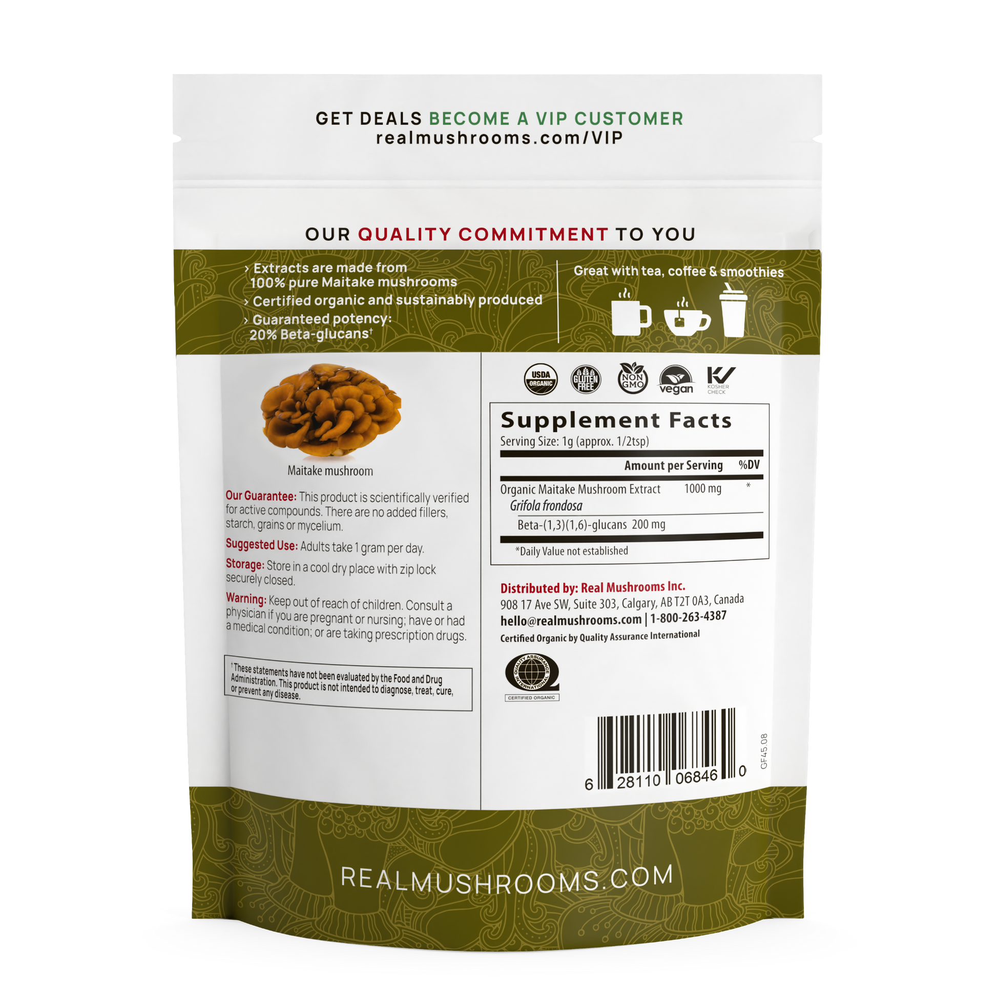 The back of a bag of Real Mushrooms Organic Maitake Mushroom Powder – Bulk Extract with organic walnuts.