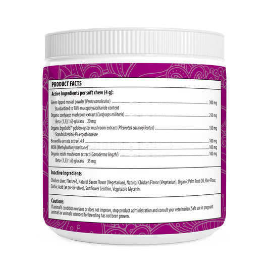 Veterinarian-formulated, the Mushroom Mobility Pet Chews by Real Mushrooms come in a purple and white container. The label lists natural ingredients like green lipped mussel powder and reishi extract, plus inactive components such as chicken liver and flaxseed, all supporting pet joint health.