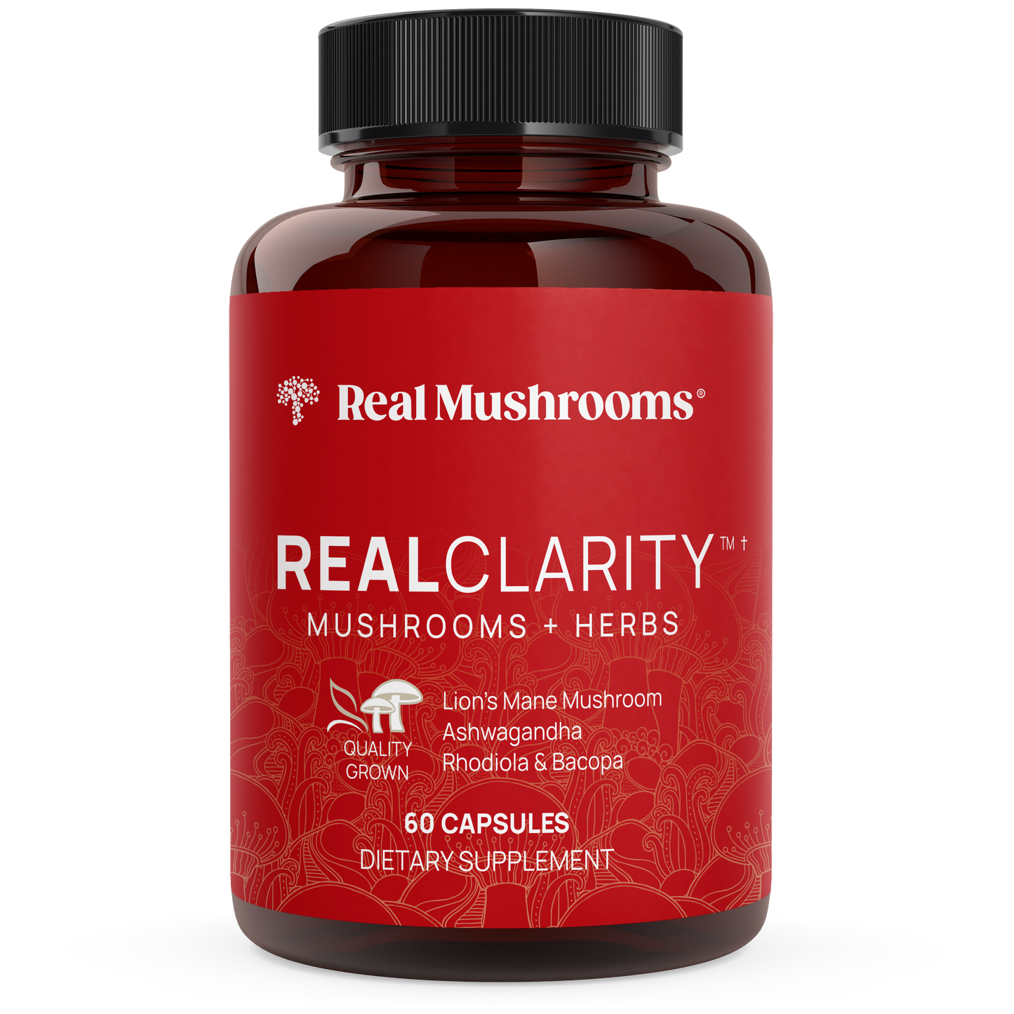 A red bottle from Real Mushrooms, labeled "RealClarity - Lion's Mane, Ashwagandha, Rhodiola and Bacopa," features mushrooms and herbs, containing 60 capsules of dietary supplements with powerful ingredients such as Lion's Mane mushroom, Ashwagandha, and Bacopa extracts.