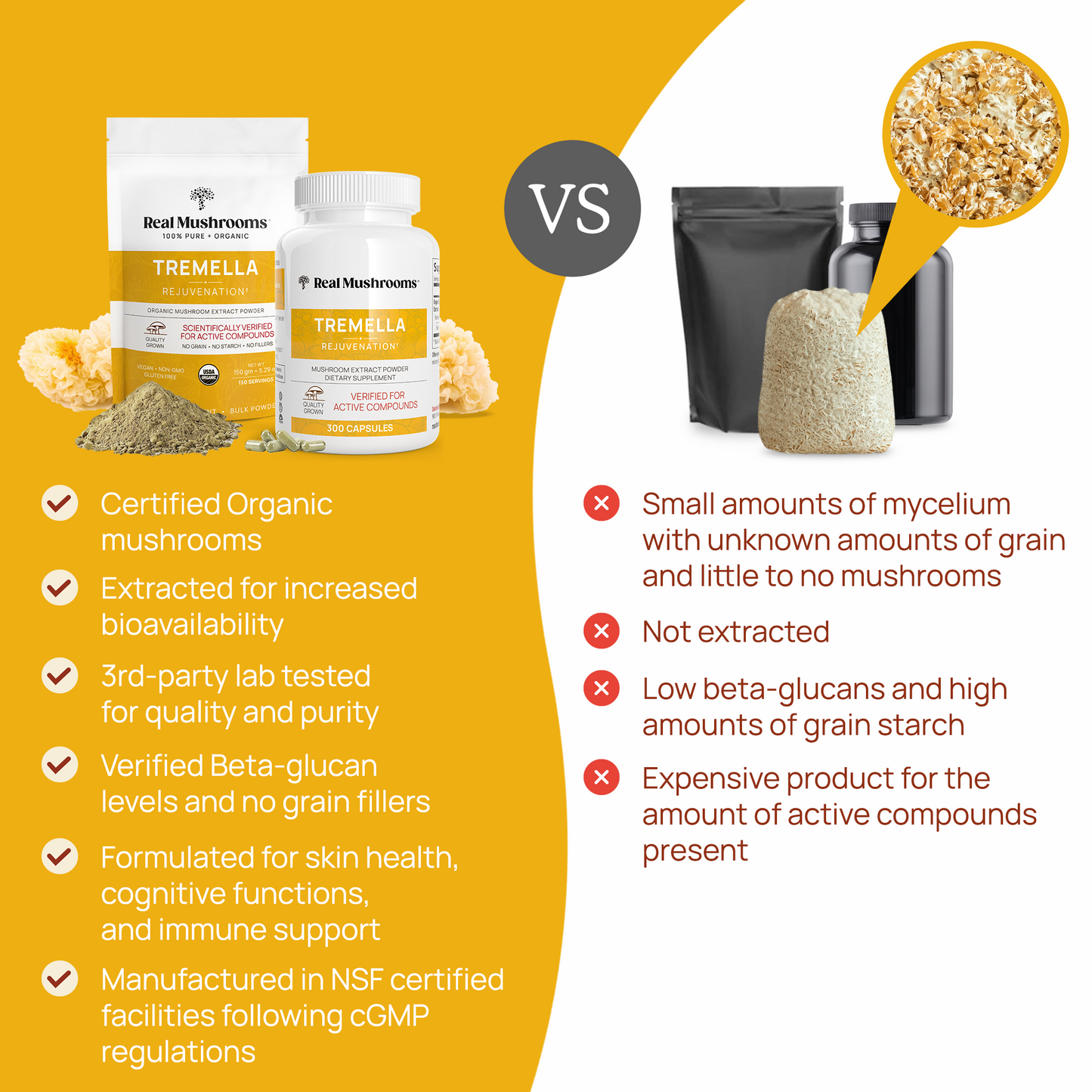 A comparison of different types of Real Mushrooms' Organic Tremella Mushroom Extract Powder for Pets.