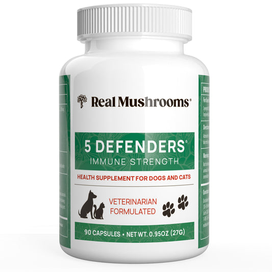 The "5 Defenders Organic Mushroom Blend Capsules for Pets" by Real Mushrooms is a veterinarian-formulated supplement featuring 90 vegan-friendly capsules enriched with organic mushrooms and beta-glucans to naturally support the immune strength of dogs and cats.