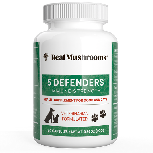 A white bottle labeled "Real Mushrooms 5 Defenders Organic Mushroom Blend Capsules for Pets," an organic mushroom supplement with 90 vegan capsules, veterinarian formulated for dogs and cats.