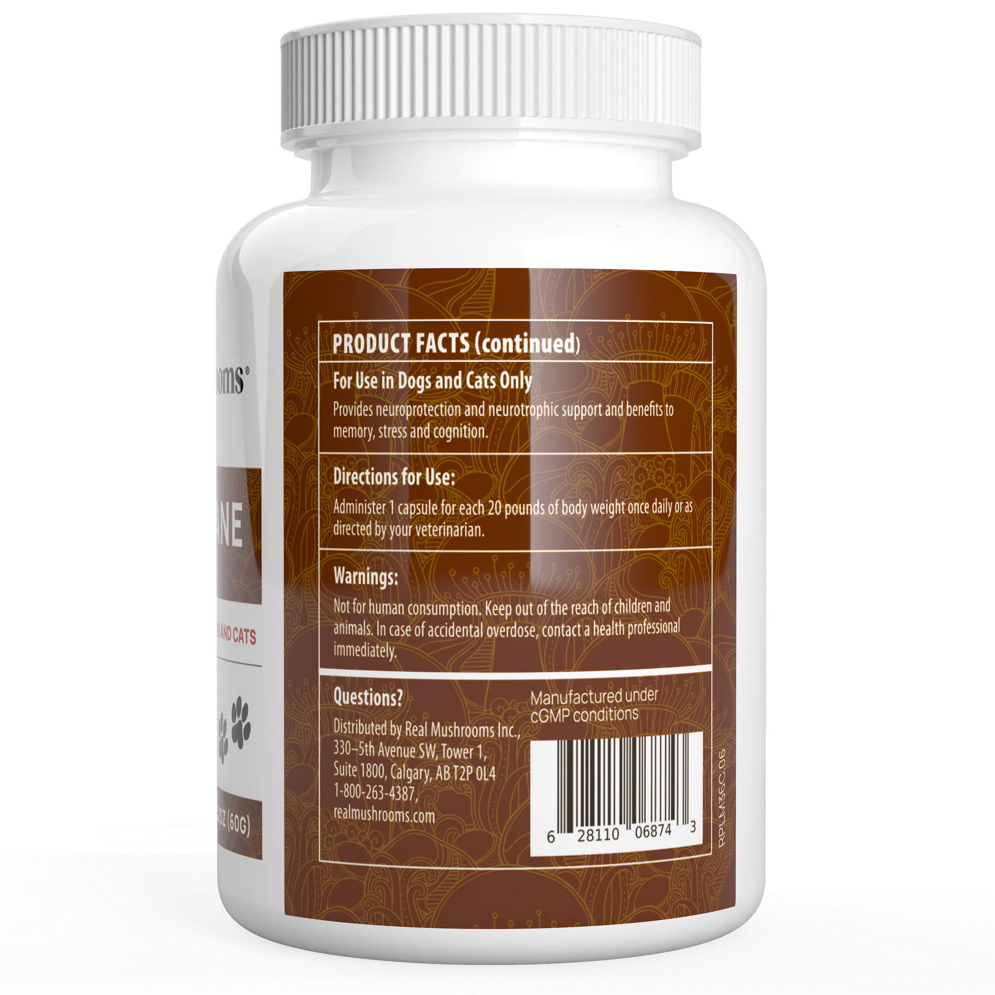 White supplement bottle with brown label showing directions, warnings, and product facts for Real Mushrooms Organic Lions Mane Extract Capsules for Pets (dogs and cats). Contains Lion's Mane mushrooms and beta-glucans. Barcode and contact info are visible.