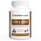 A white bottle labeled "Real Mushrooms Organic Lions Mane Extract Capsules for Pets," an organic mushroom supplement for dogs and cats with 120 capsules, featuring Lion's Mane to support cognitive health.