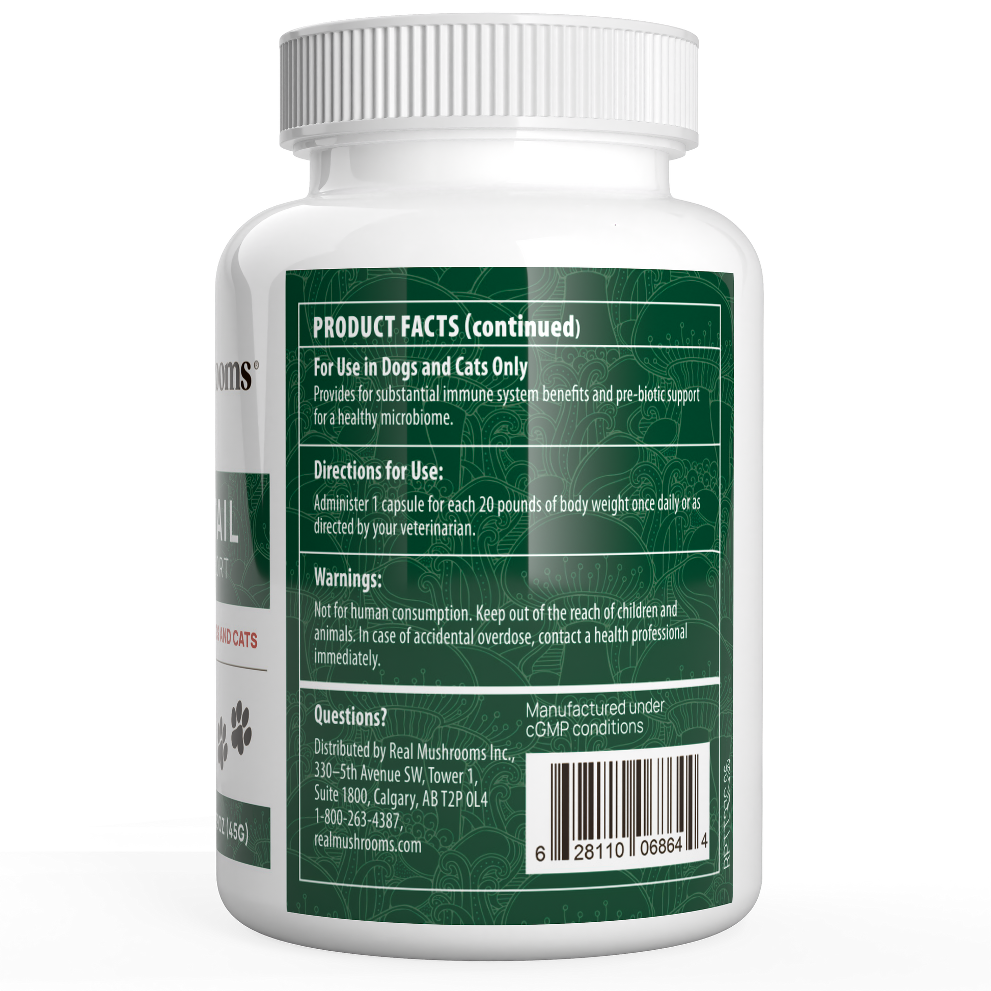 White supplement bottle for pets featuring a label with product facts, directions, warnings, contact info, barcode, and manufacturing details for Real Mushrooms Turkey Tail Extract Capsules for Pets.