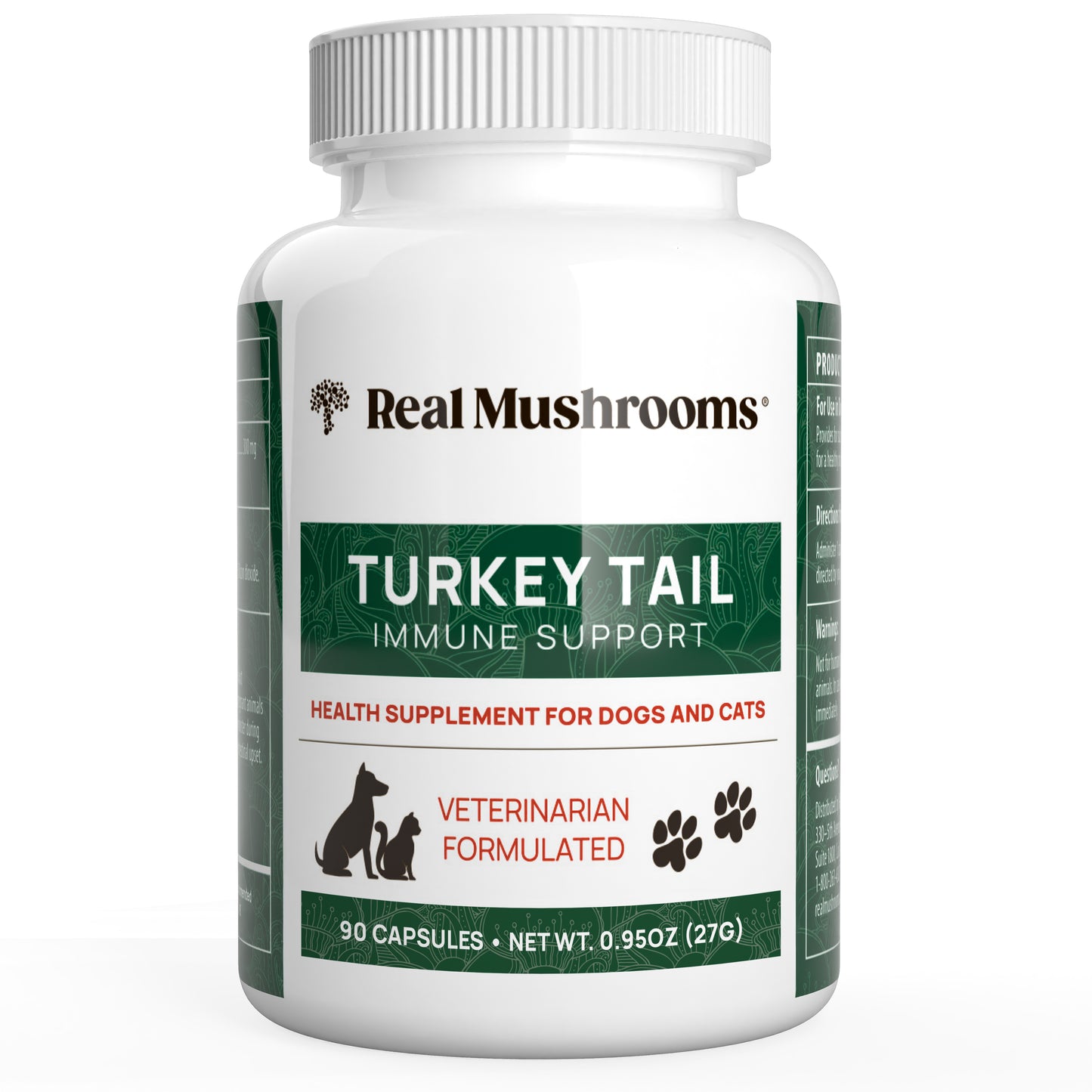 A white bottle labeled "Turkey Tail Extract Capsules for Pets" by Real Mushrooms for dogs and cats contains 90 capsules with organic turkey tail mushrooms and a net weight of 0.95 oz (27g).