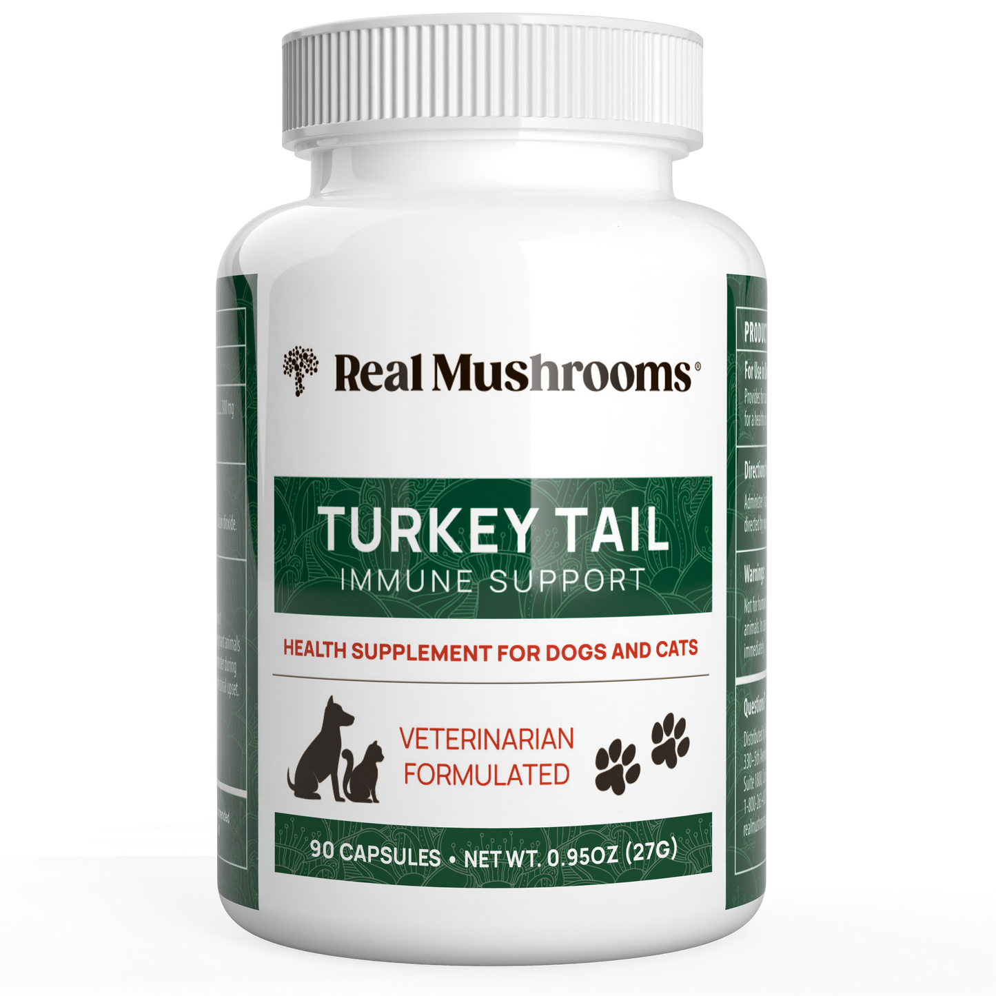 A white bottle labeled "Real Mushrooms Turkey Tail Extract Capsules for Pets," an organic mushroom supplement for dogs and cats with 90 capsules, beta-glucans, and veterinarian formulated.