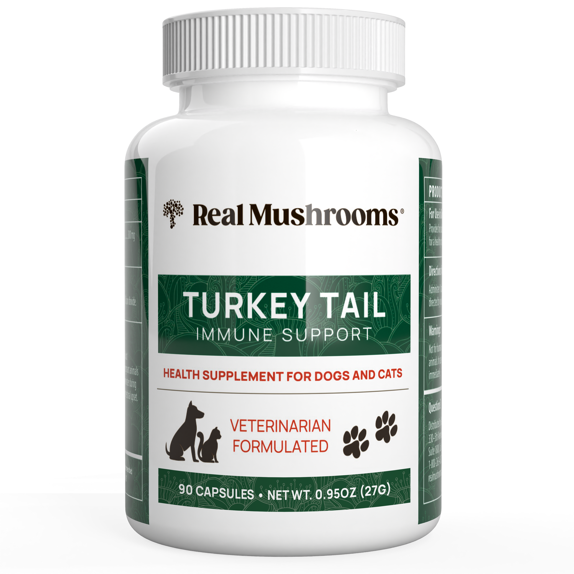 A white bottle labeled "Real Mushrooms Turkey Tail Extract Capsules for Pets," an organic mushroom supplement for dogs and cats with 90 capsules, beta-glucans, and veterinarian formulated.
