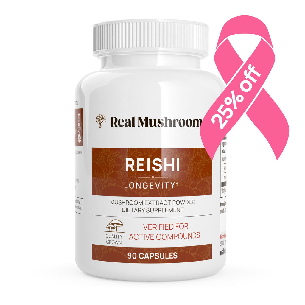 Bottle of Organic Reishi Mushroom Capsules by Real Mushrooms, made with organic reishi mushrooms, 90 capsules, with a pink 25% off ribbon graphic.