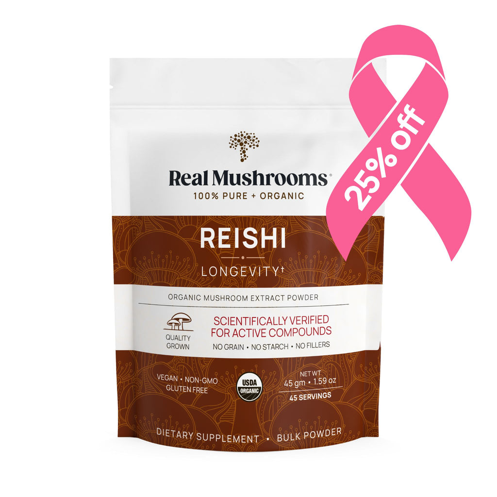 A package of Organic Reishi Mushroom Powder – Bulk Extract by Real Mushrooms featuring a "25% off" pink ribbon on the top right corner. The product is organic, gluten-free, vegan, and scientifically verified for active compounds.