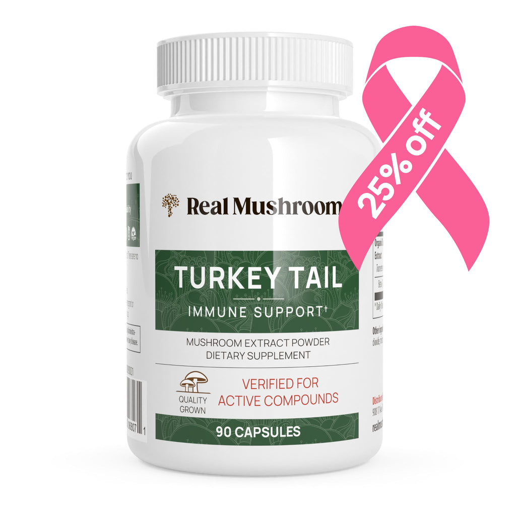 A bottle of Real Mushrooms Turkey Tail Mushroom Capsules, containing 90 capsules and rich in premium Turkey Tail Mushrooms with Beta-glucans. A pink ribbon with "25% off" is displayed on the top right.