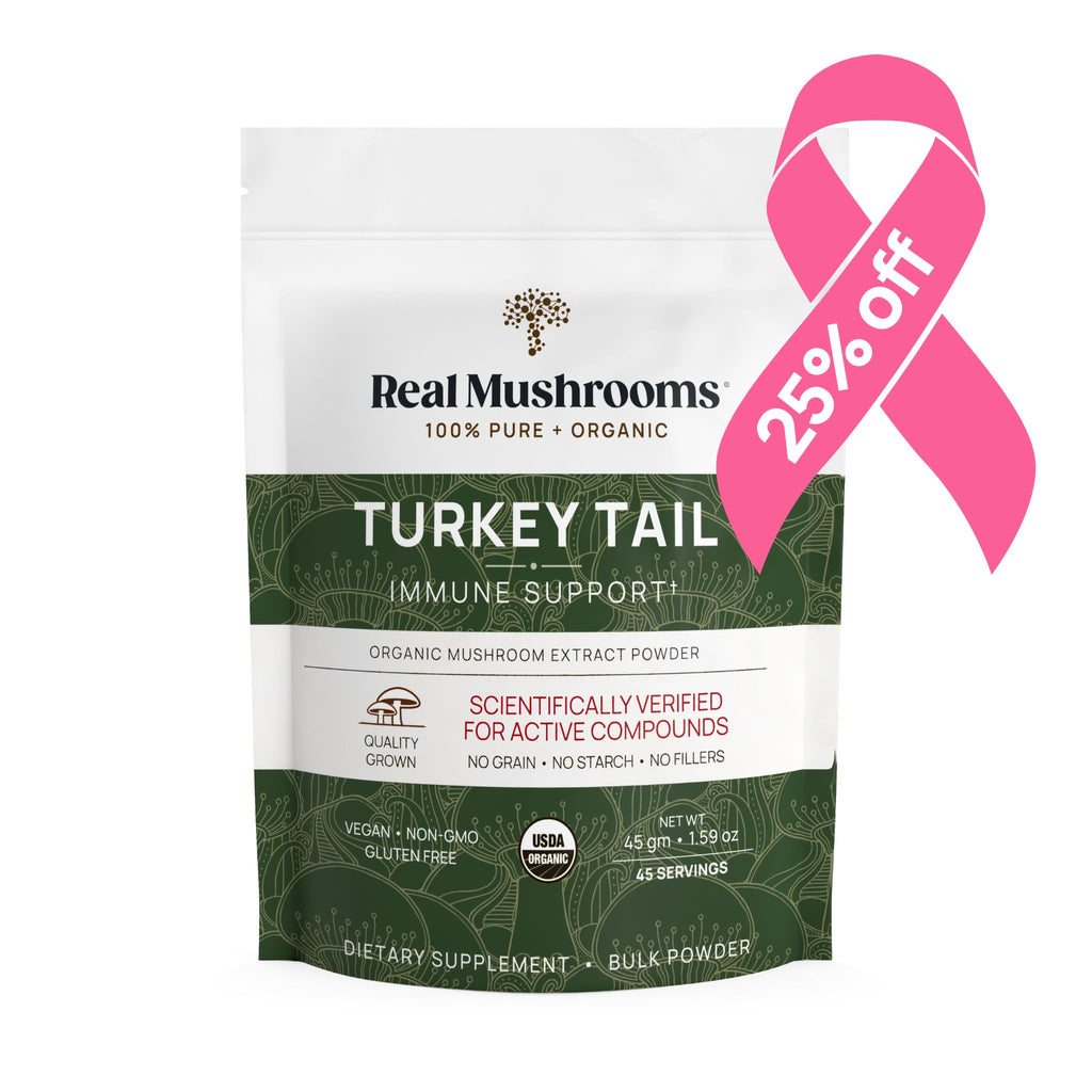 A bag of Real Mushrooms Turkey Tail Extract - Bulk Powder featuring a 25% off pink ribbon banner. This organic mushroom powder is vegan, non-GMO, gluten-free, and scientifically verified for active compounds like beta-glucans.