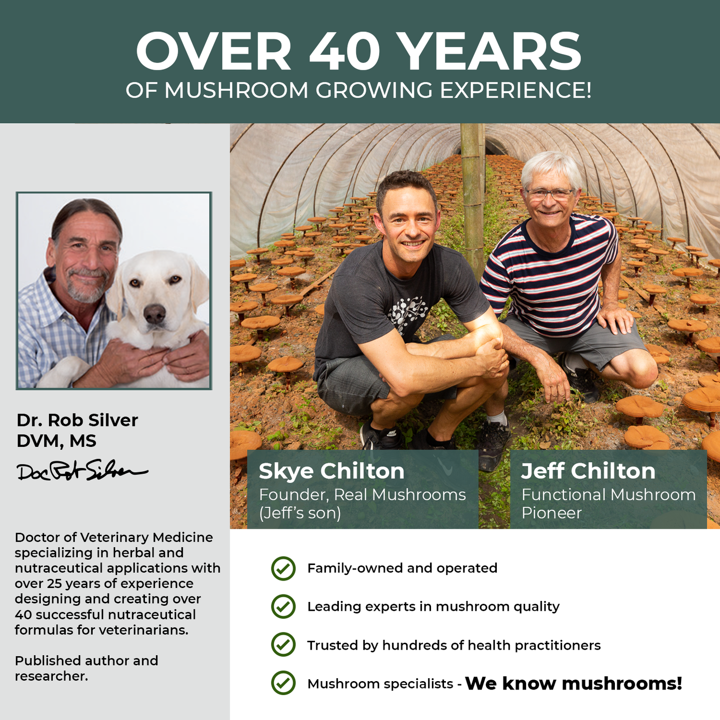Over 40 years of Real Mushrooms' Turkey Tail Extract Capsules for Pets growing experience.