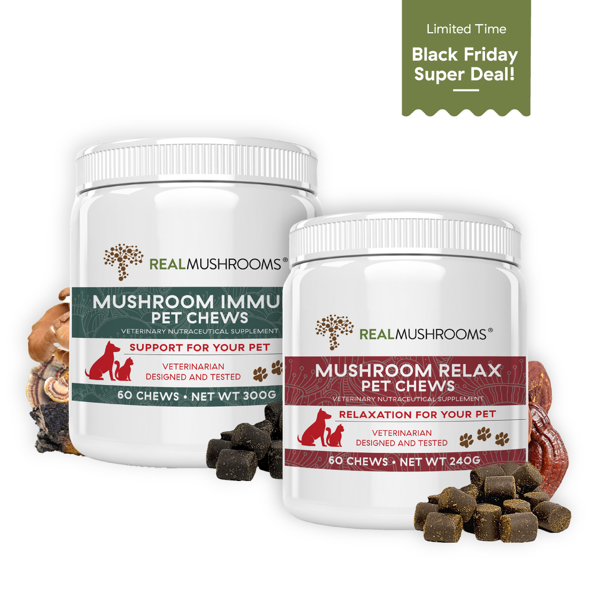 Two containers of RealPets Chew Combo Pack dietary supplements for pets from Real Mushrooms, one for immune support and one for relaxation, with a black friday deal label.
