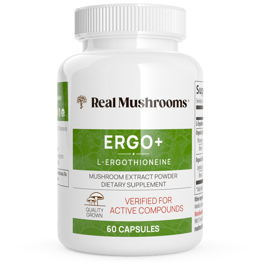 Real Mushrooms Ergo+ Ergothioneine Supplement capsules.