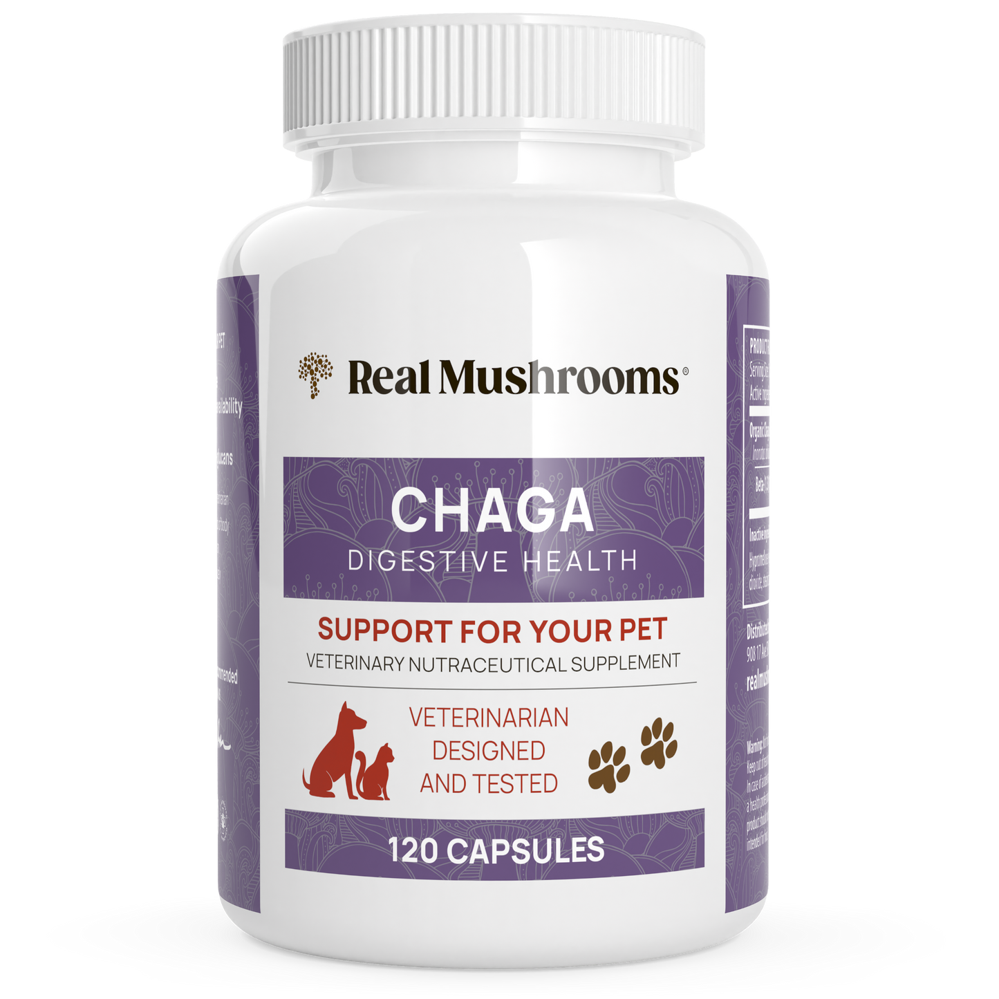 Real Mushrooms Organic Chaga Extract Capsules for Pets support for dogs and cats.