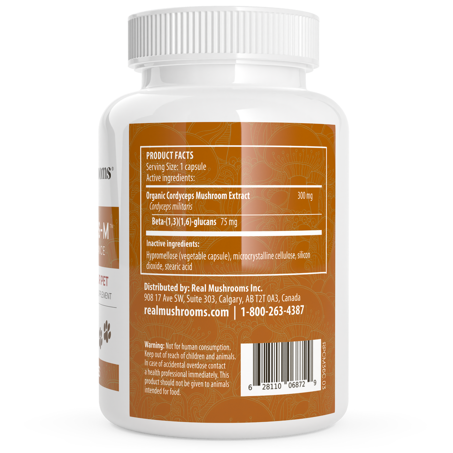 The back of a bottle of Real Mushrooms Organic Cordyceps Extract Capsules for Pets.