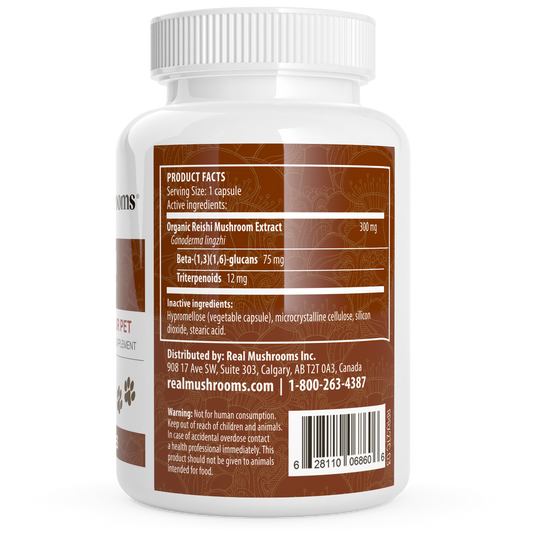 The back of a bottle of Organic Reishi Mushroom Capsules for Pets by Real Mushrooms.