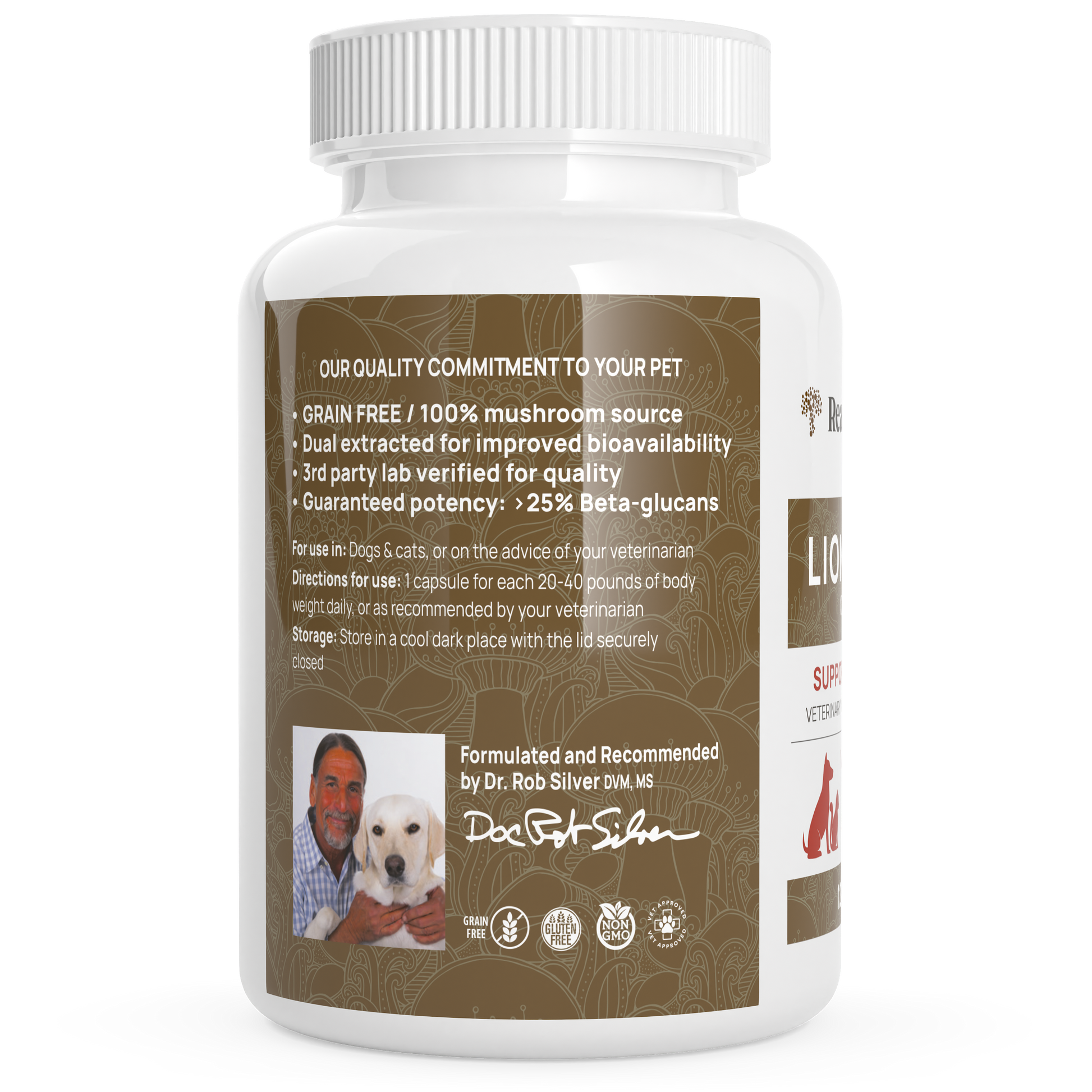 A bottle of Organic Lions Mane Extract Capsules for Pets from Real Mushrooms with a picture of a dog.