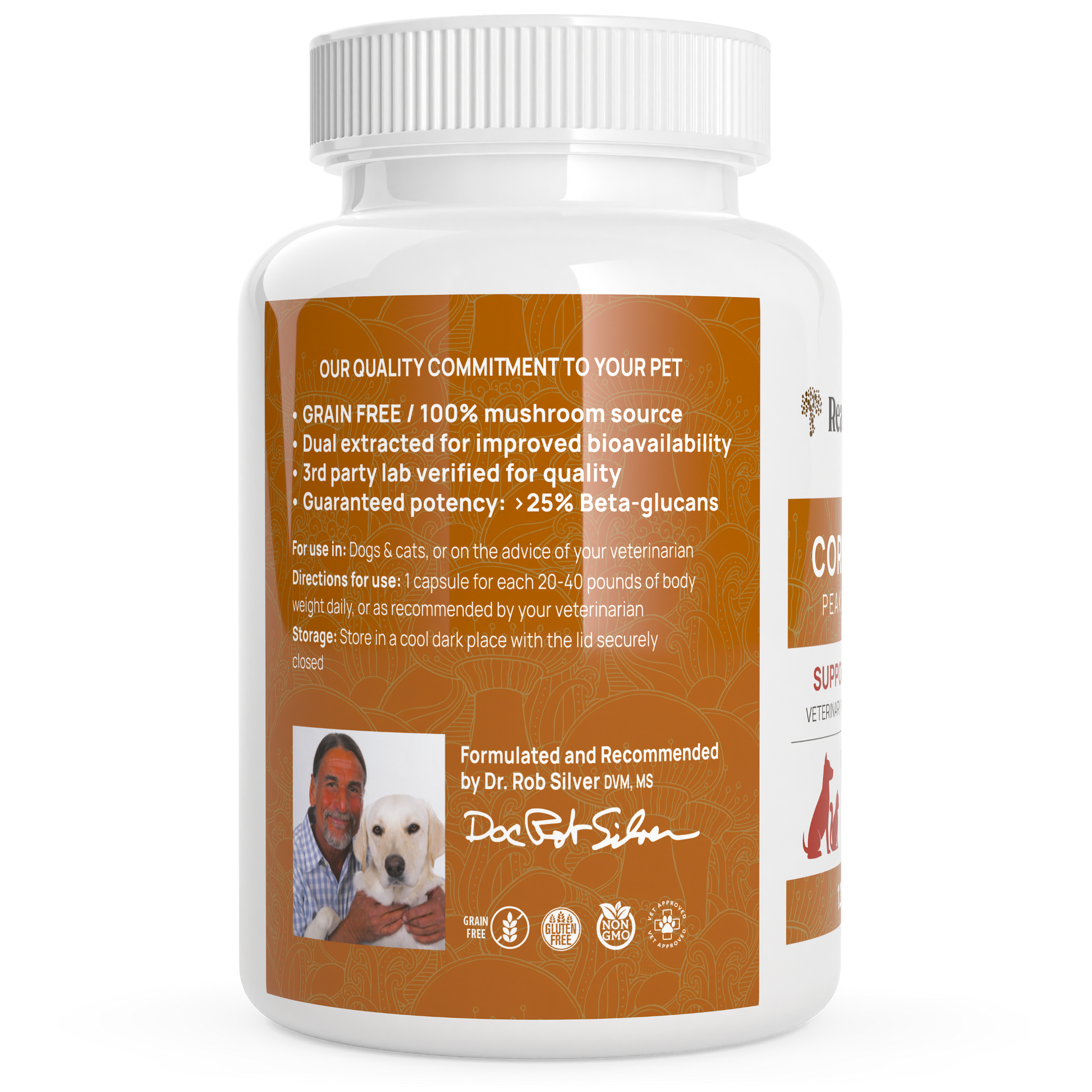 A bottle of Organic Cordyceps Extract Capsules for Pets from Real Mushrooms.