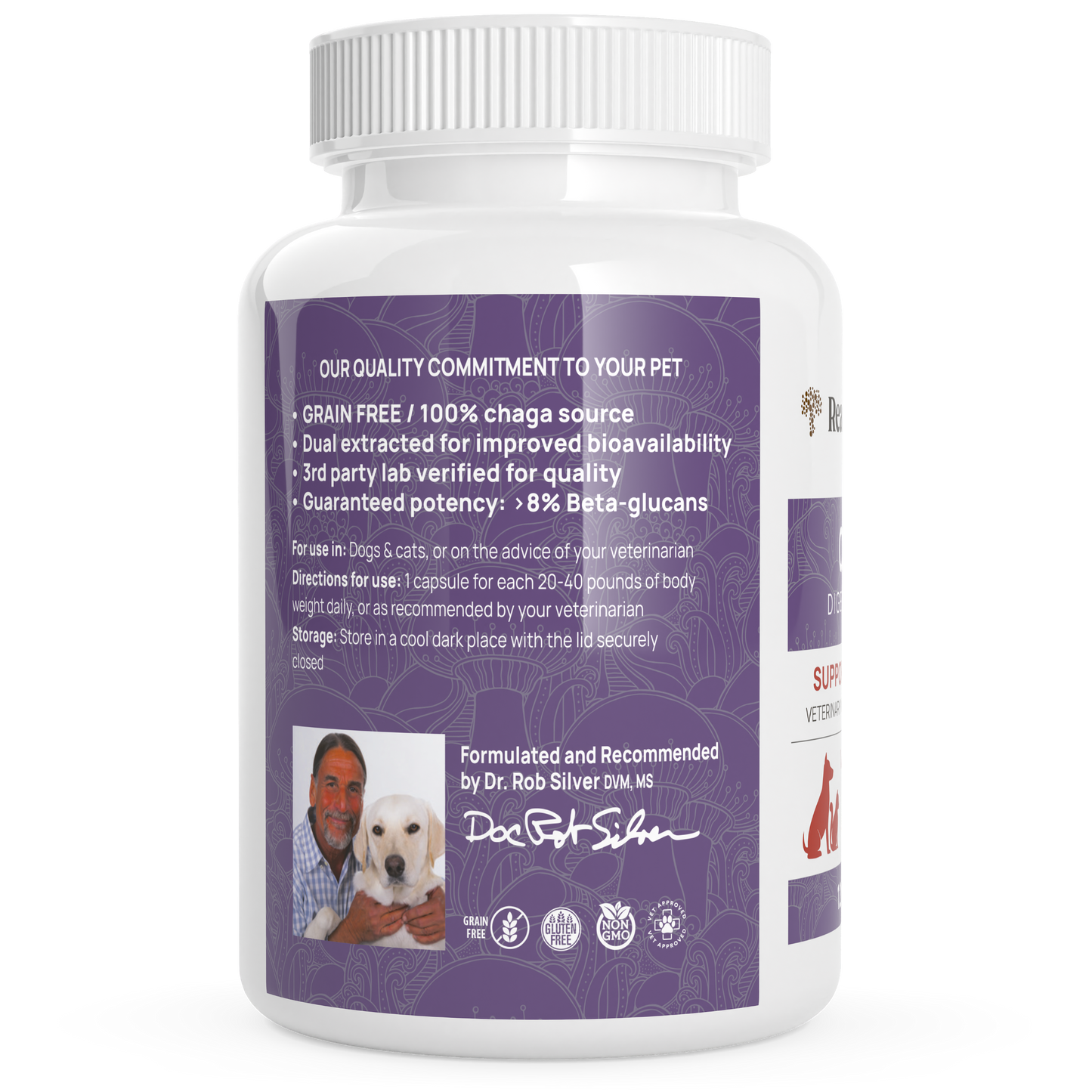 A bottle of Real Mushrooms Organic Chaga Extract Capsules for Pets with a picture of a dog.