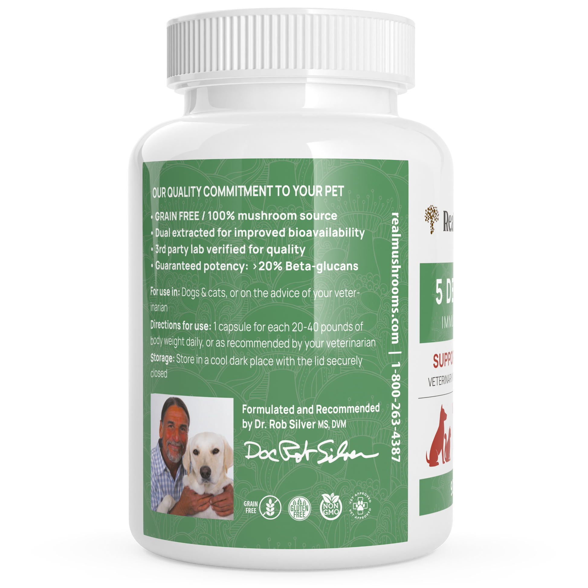 A bottle of Real Mushrooms' 5 Defenders Organic Mushroom Blend Capsules for Pets for dogs.