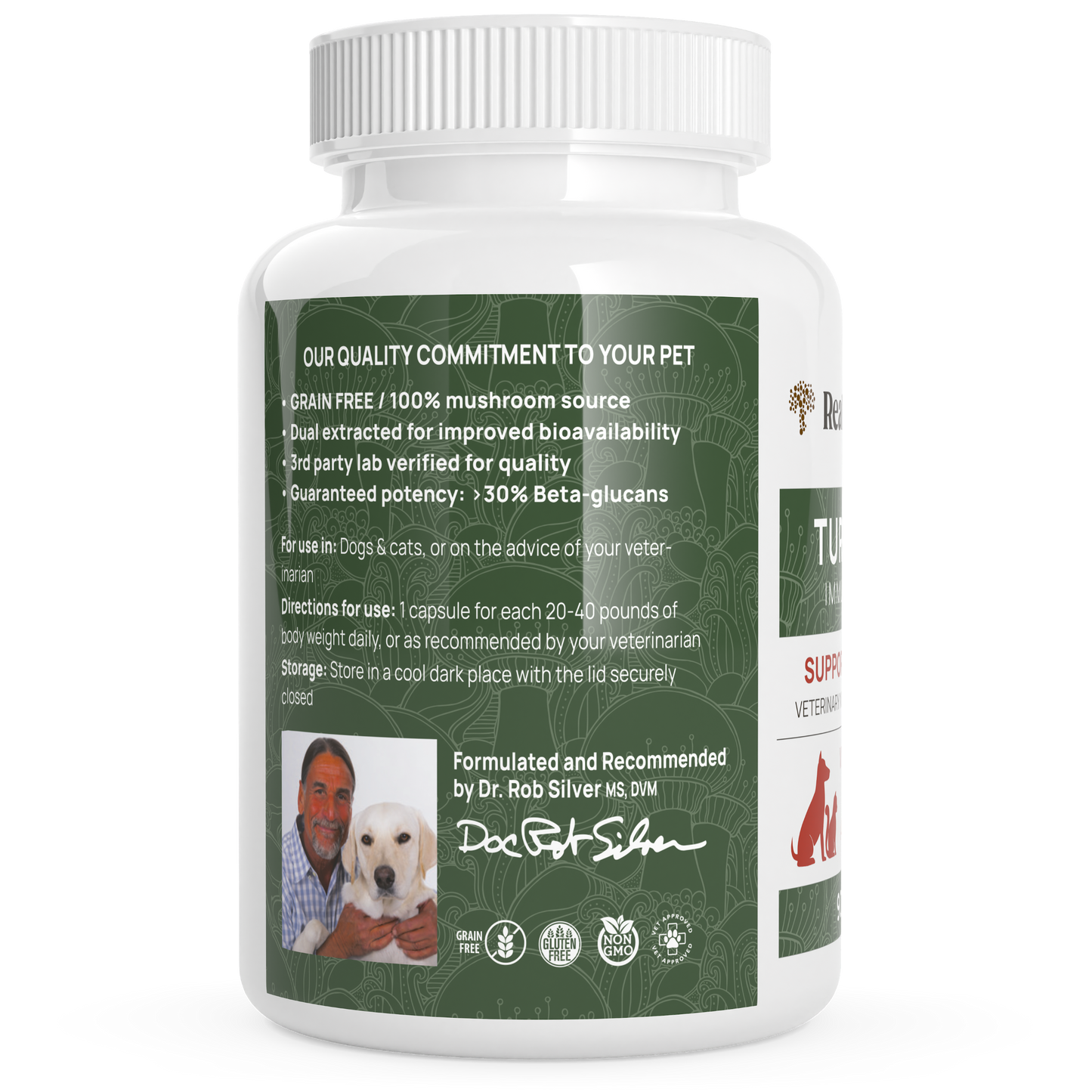 A bottle of Real Mushrooms Turkey Tail Extract Capsules for Pets with a picture of a dog.