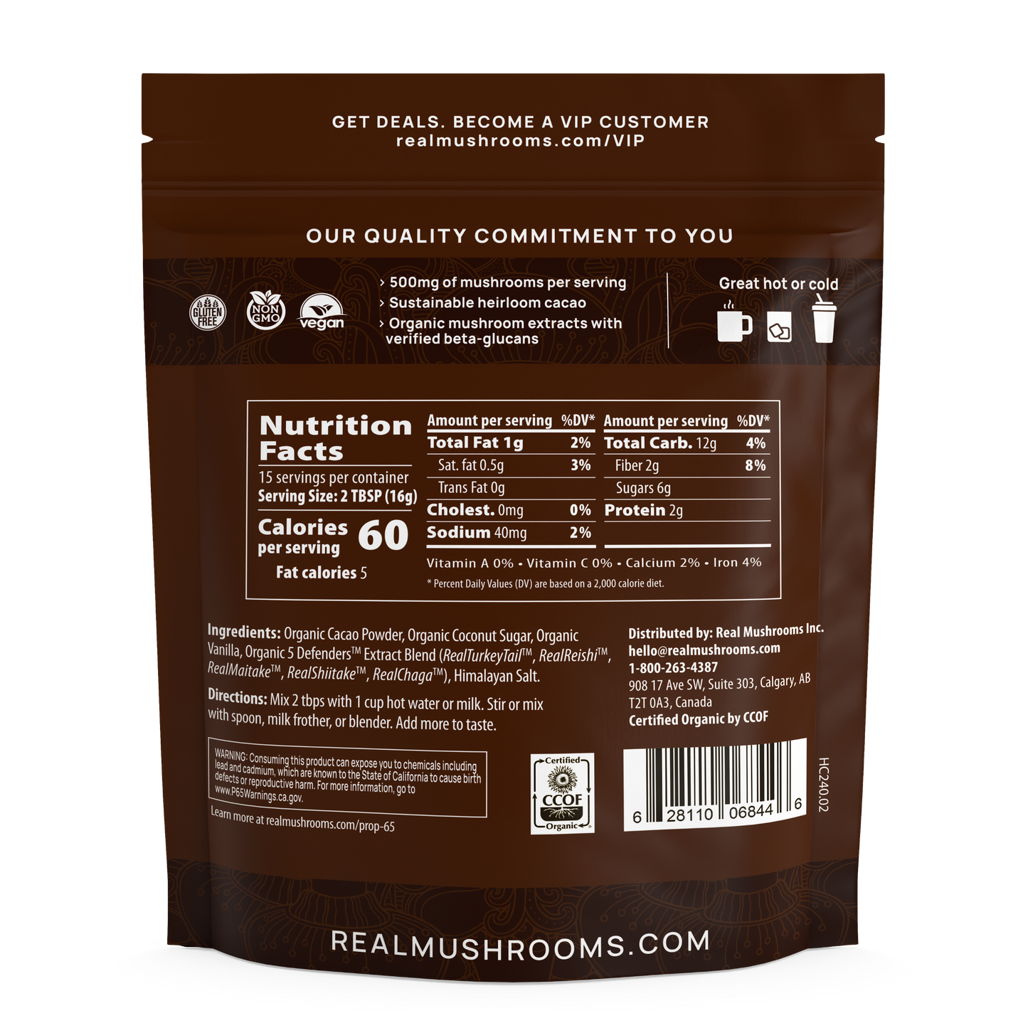 The label for Real Mushrooms Mushroom Hot Chocolate Mix.