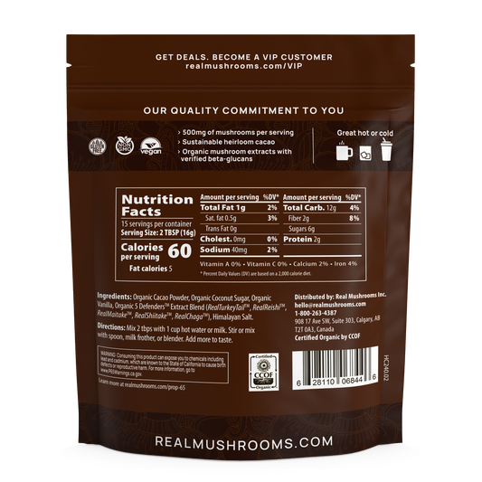 The label for Real Mushrooms Mushroom Hot Chocolate Mix.