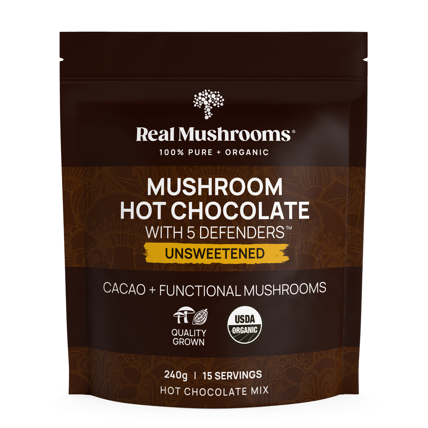 Real Mushrooms Mushroom Hot Chocolate Mix with unsweetened cocoa.