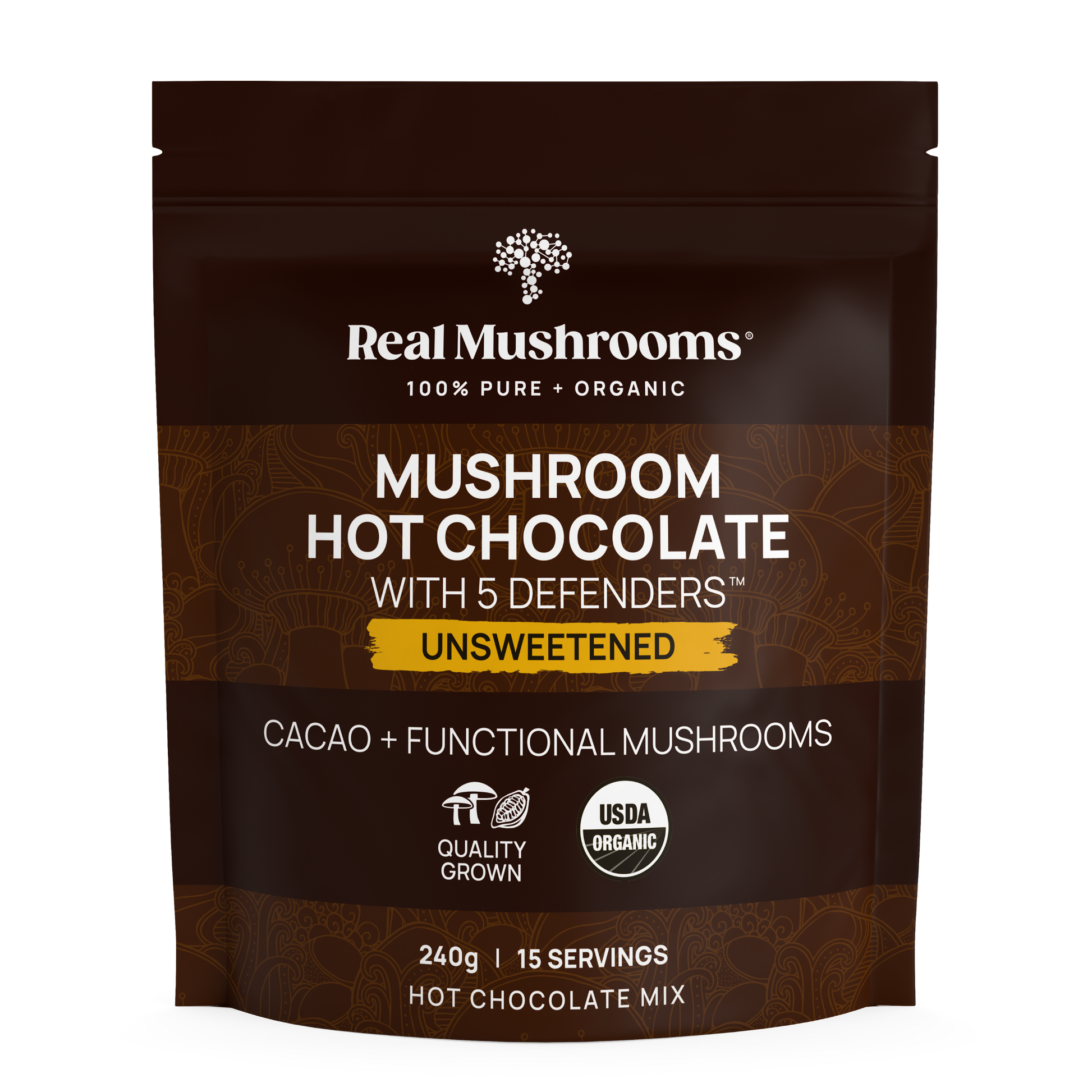 Real Mushrooms Mushroom Hot Chocolate Mix with unsweetened cocoa.