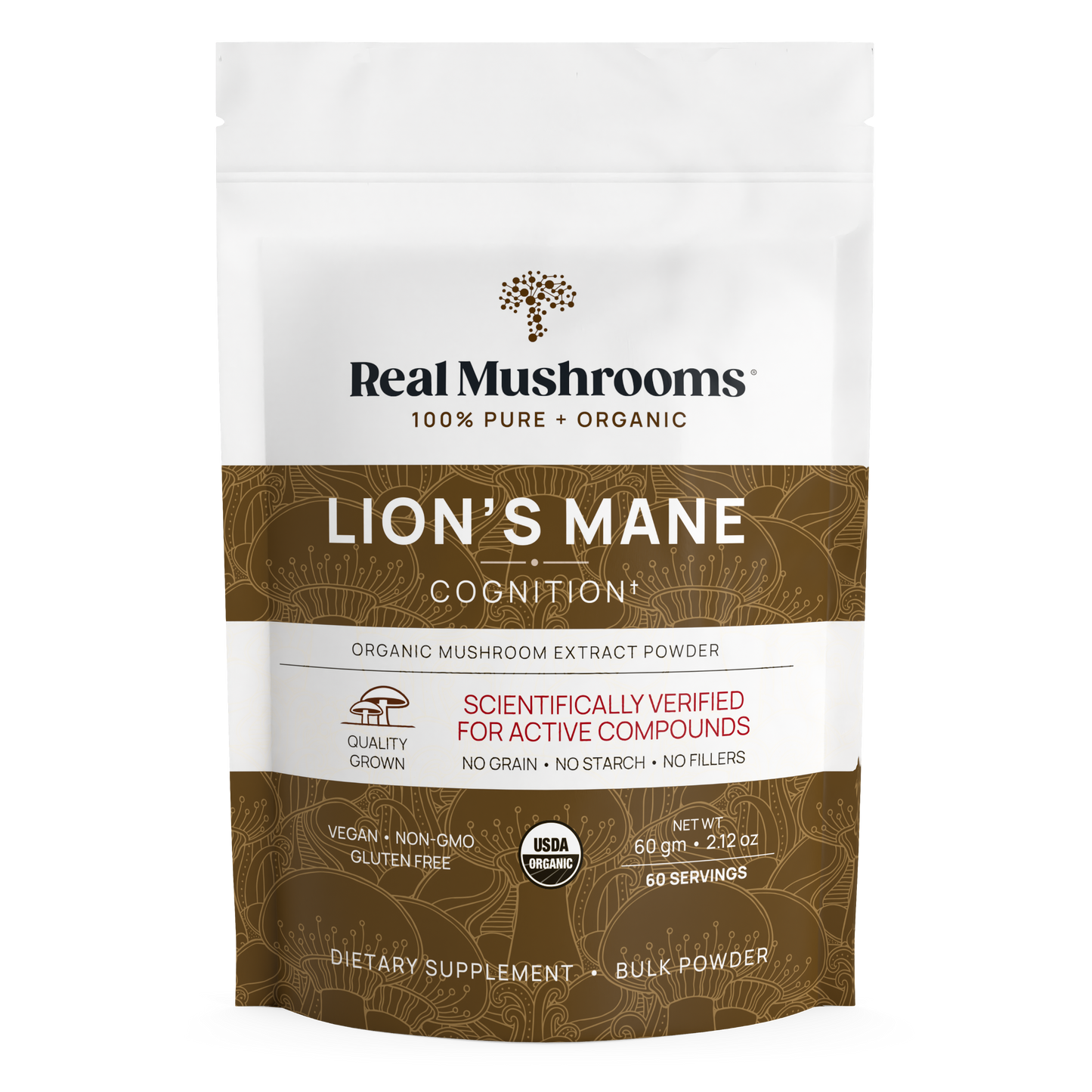 Bag of Real Mushrooms Lion's Mane Mushroom Powder cognition supplements, highlighting gluten-free and organic qualities on the label.