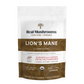 A package of Real Mushrooms Lions Mane Mushroom Powder, highlighting its organic and non-GMO qualities, in a white and gold pouch contains beta-glucans.