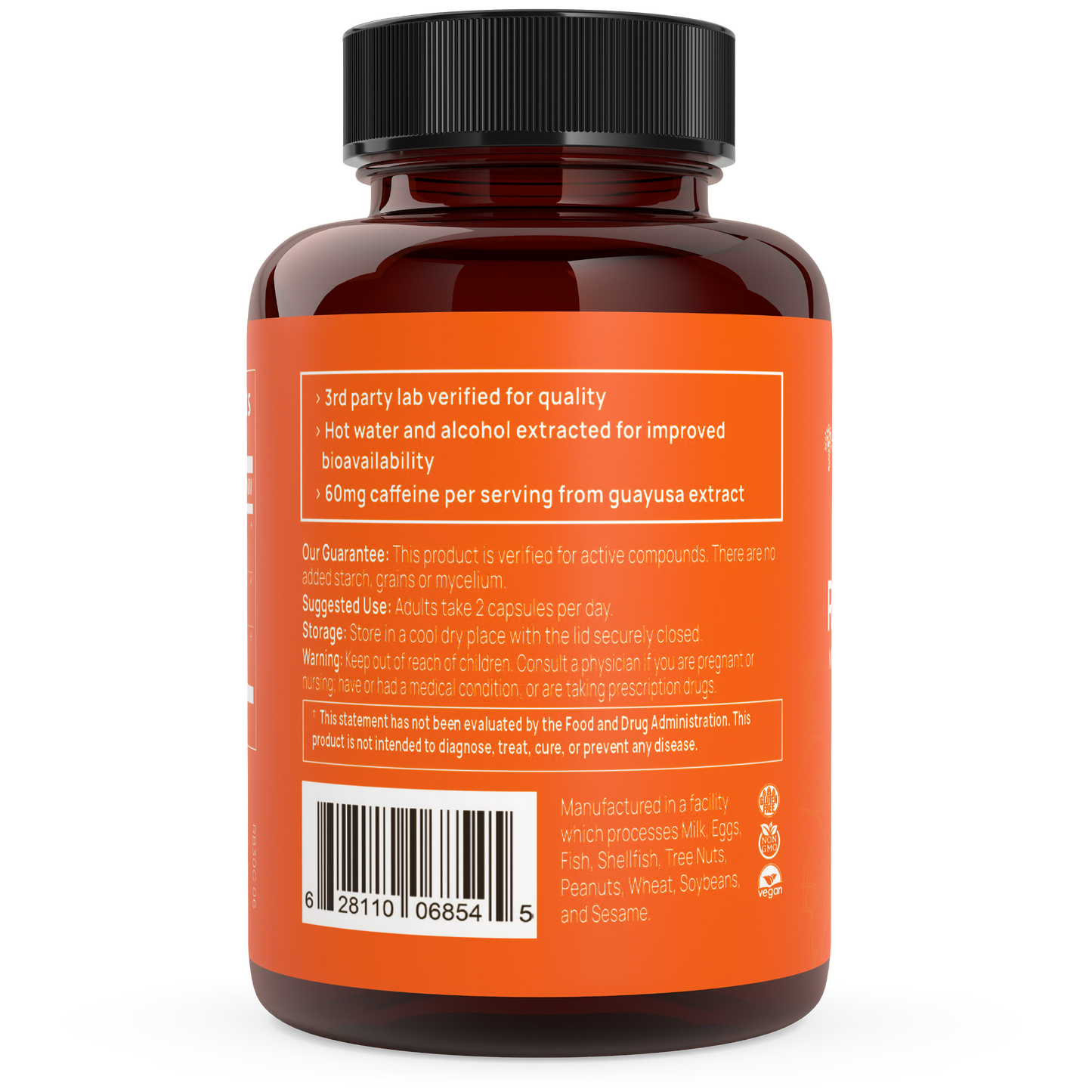 The back of a bottle of RealBoost - Cordyceps, Guayusa and Ginseng by Real Mushrooms.